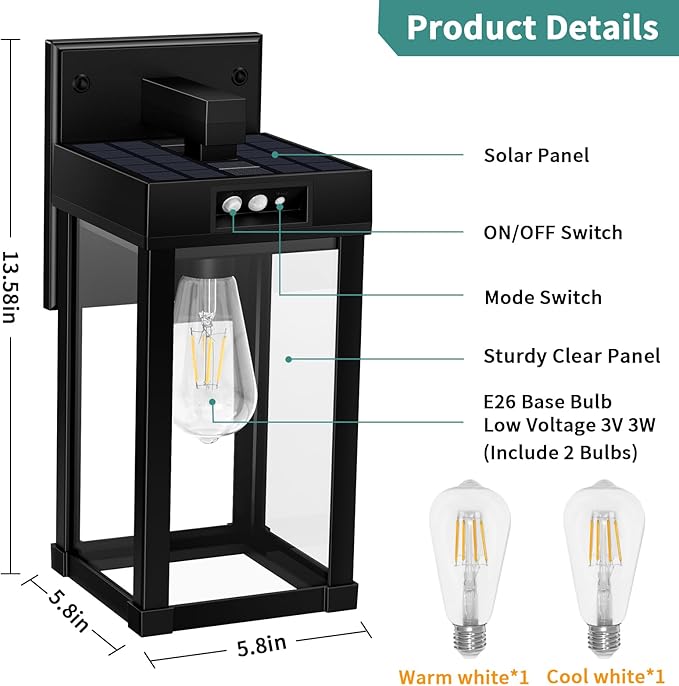 Solar Wall Lights Outdoor Solar Wall Sconce with 3 Lighting Modes &amp Motion Sensor Waterproof Porch Light with Clear Panel for Garage Porch Yard Front Door 5.8 x 5.8 x 13.58 in