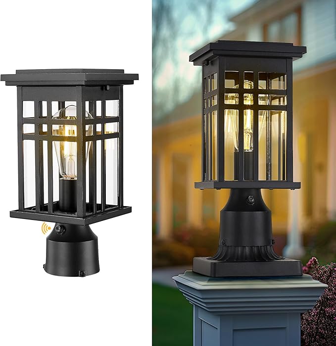 HWH INVESTMENT Outdoor Post Lantern Dusk to Dawn Patio Pole Lamp Post for Yard Garden Waterproof Exterior Lamp Post Lantern with Photocell Sensor Clear Glass 5HD36P PC BK