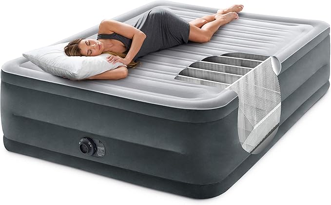 Intex 64417ED 22in Queen Dura-Beam Comfort Plush High-Rise Inflatable Air Mattress with Built in Pump for Travel and Camping 600lb Weight Capacity