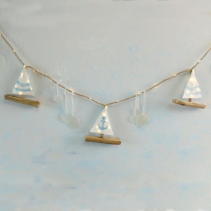Nautical Decor Sailboat Ocean Light with Capiz Wind Chimes - 6.5FT 70LED Beach Garland with Lights Battery Operated with Remote for Coastal Room Beach Decor