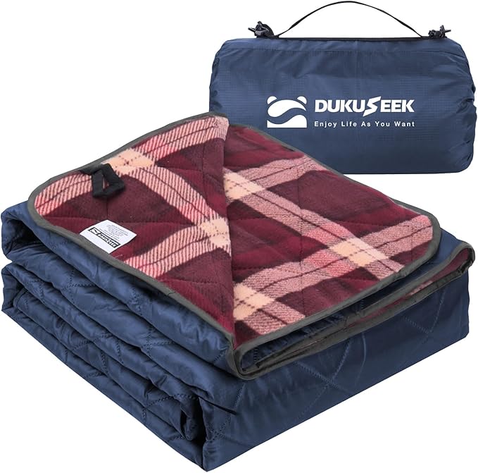 DUKUSEEK Hooded Outdoor Blanket Extra Large 79 x 59 Waterproof Camping Blanket Quilted Thick Fleece Warm Windproof Sand Proof Portable and Wear-Resistant Perfect for Stadium Picnic…