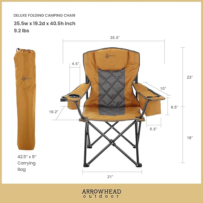 ARROWHEAD OUTDOOR 2-Pack Portable Folding Camping Quad Chair w/ 6-Can Cooler Cup &amp Wine Glass Holders Heavy-Duty Carrying Bag Padded Armrests Headrest &amp Seat Supports up to 550lbs