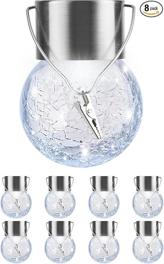 Solar Lights Outdoor Hanging Decorative Globe 8 Pack Waterproof Solar Lantern with Handle and Clip Solar Powered Glass Ball Lights for Garden Yard Fence Tree Umbrella Holiday Décor Cold White