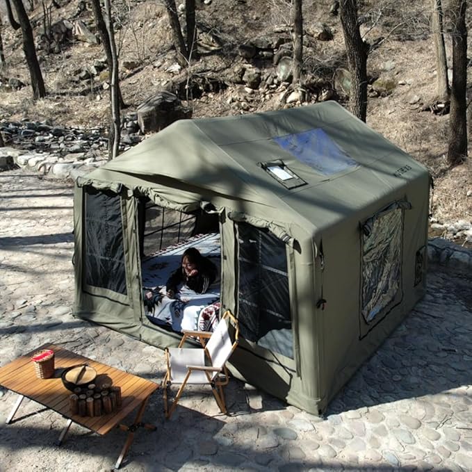 Cotton Canvas flatable Tent with Detachable TPU Windows and Pump2/3/4 Person Pop-Up Tent with Stove Jack Hole &amp Cable Hole