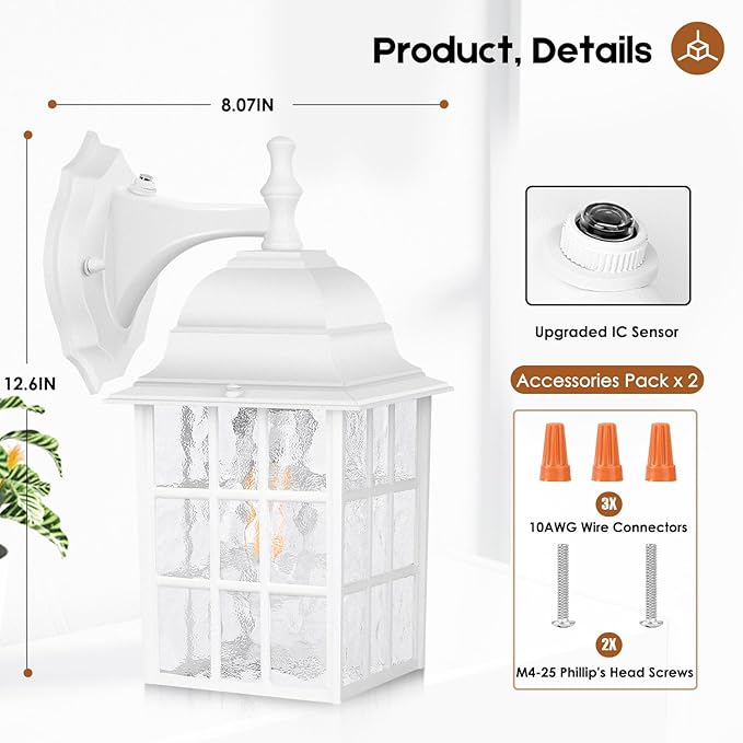 2-Pack Dusk to Dawn Outdoor Wall Light Waterproof Exterior Wall Lantern Lighting Fixtures with Photocell Sensor White Outside Sconce with E26 Socket Anti-Rust Wall Mount for Porch House Garage