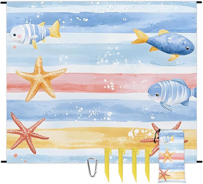 Waterproof Sandproof Beach Blanket 59''×68'' Happy Fish Pattern Polyester Outdoor Picnic Blanket with 4 Stakes &amp Storage Bag for BeachCampingVacation