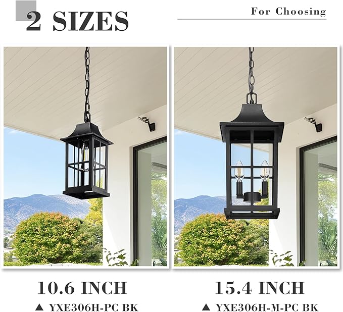 Emliviar Dusk to Dawn 2-Light Large Porch Light Outside Chandelier for Yard 15.4 Black Hanging Lantern Light Fixture with E12 Base Clear Glass YXE306H-M-PC BK