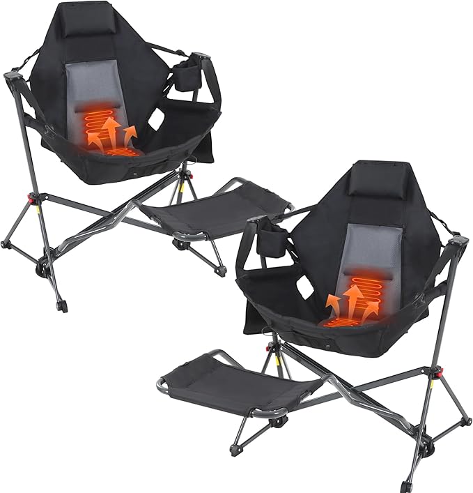 CDEN Heated Hammock Chair with Footrest Heated Camping Chair with Battery Swinging Chair Heavy Duty with Stand Cup Holder Side Bag Power Bank Included for Patio Camping Backyard (2 Pack)