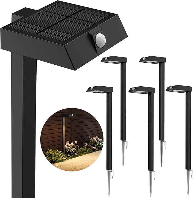 XMCOSY+ Solar Pathway Lights with Motion Sensor 6 Pack 300LM Metal Solar Lights Outdoor Waterproof 3 Modes Landscape Lighting for Garden Backyard Outside Path (Warm/Cool White)