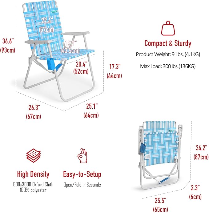 SunnyFeel 15 Tall Folding Webbed Lawn Beach Chair for Adults 2 Pack Oversized Portable High Seat Sand Chair Heavy Duty 300 LBS Foldable Camping Chairs for Camp/Outdoor/Picnic/Concert/Sports
