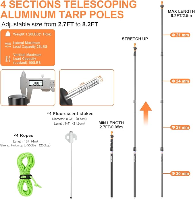 CAMULAND Tent Poles Heavy Duty Tarp Poles Canopy Poles Aluminum Tent Poles with Non-Slip Cone Bottom Adjustable Telescoping Tarp Poles
