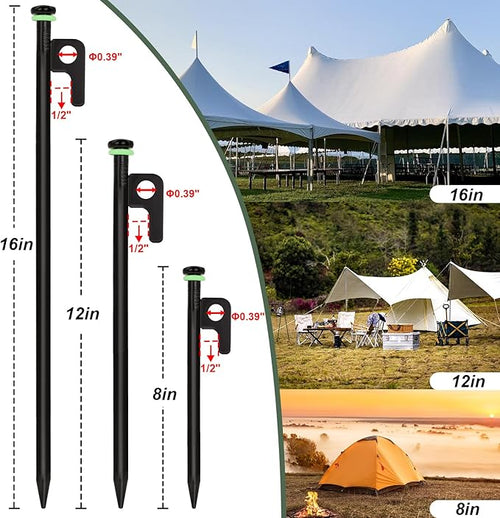 16Pcs Tent Stakes 12in Heavy Duty Tent Stakes with Storage Pouch Dia. 0.35 Forged Steel Stakes for Tent Used on Rocks Grassland Snowfield(16Pcs 12in Stakes)
