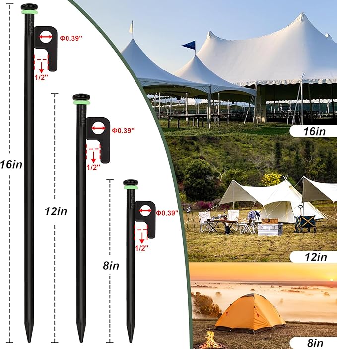 20Pcs Tent Stakes 8in Heavy Duty Tent Stakes with Storage Pouch Dia 0.35 Forged Steel Stakes for Tent Used on Rocks Snowfield(20Pcs 8in Stakes)