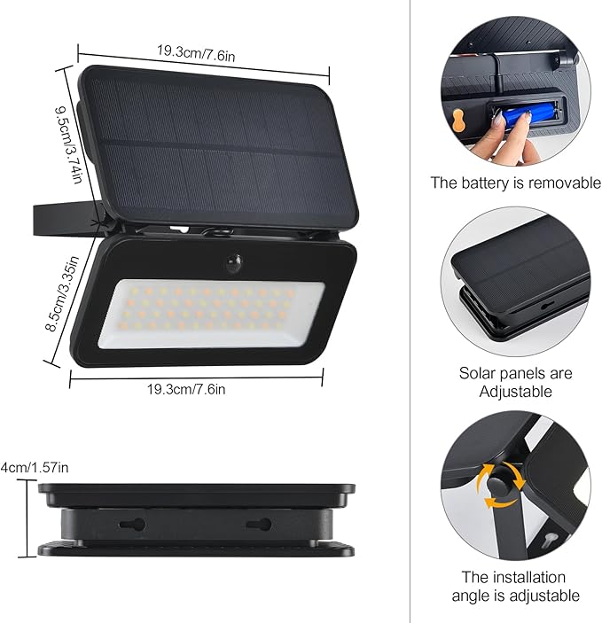 Solar Lights Outdoor Waterproof with Motion Sensor Foldable LED Wall Spotlight Touch Control Adjustable Color Temperature Brightness 1200LM 8W Dusk to Dawn Floodlights for Garage Fence