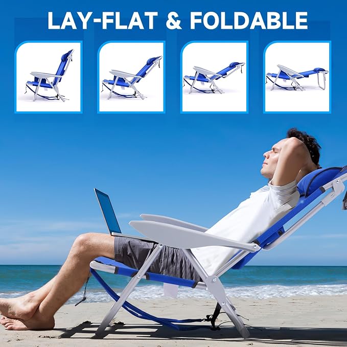 Portable Beach Chair for Adults Outdoor Camping Chair Lay Flat Folding Backpack Beach Reclining Chair with 5 Positions Headrest Zipper Pouch Cup Holder Blue