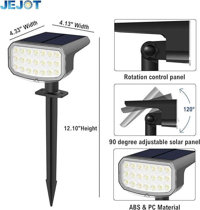 Solar Lights Outdoor Waterproof IP65 Super Bright LED with Lens 6500K 2 Lighting Modes Solar Powered Yard Garden Solar Spot Lights for Outside Landscape Auto On/Off -4 Pack