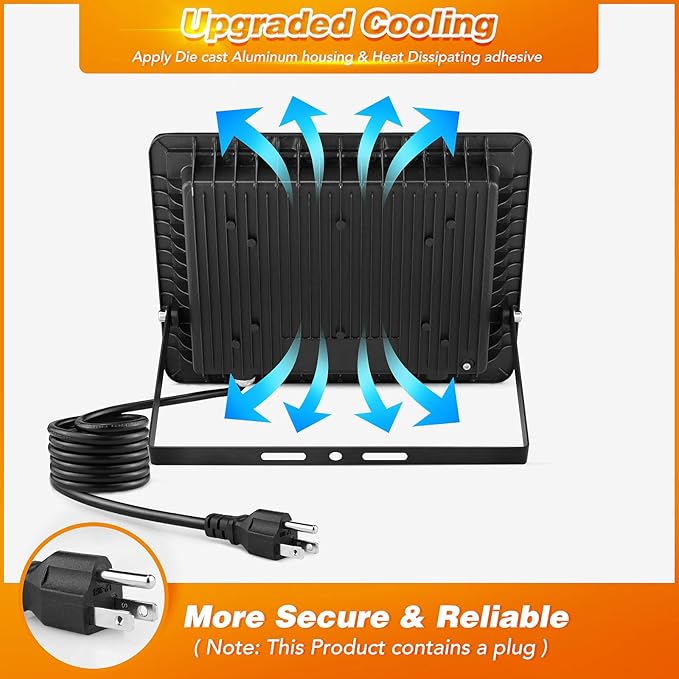 100W LED Flood Light Outdoor 2Pack 10000LM Super Bright IP66 Waterproof Outside Work Lights 6500K Daylight White Security Lights Plug in Flood Light for Yard Garage Garden Patio