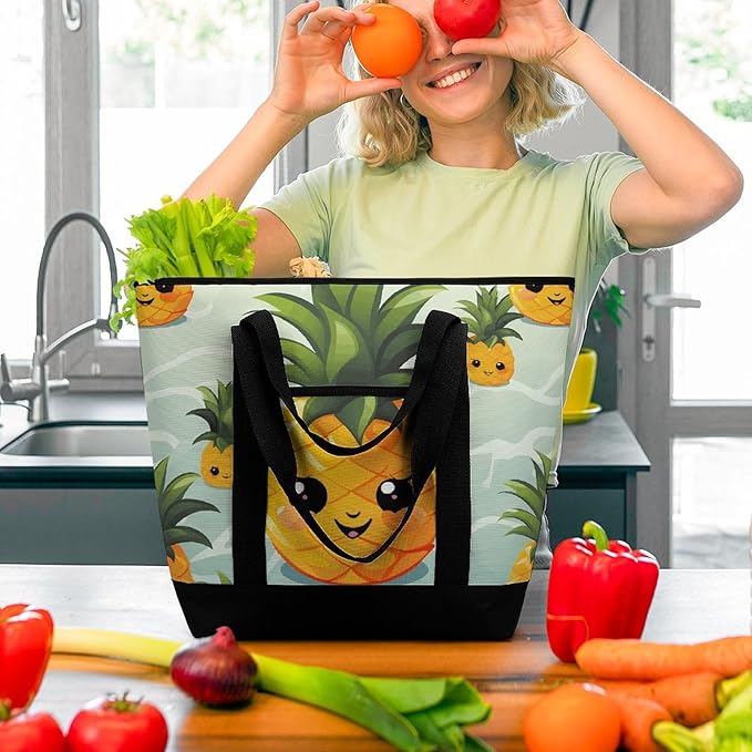 Insulated Shopping BagLarge Reusable Cooler Bags Cute Pineapple Printed Foldable Shopping BagTravel Waterproof Shoulder Bag