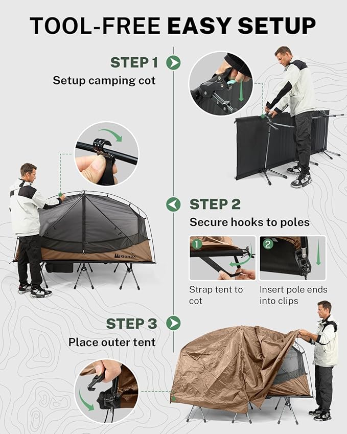 Gonex Camping Tent Cot for Adults 1-Person Off-Ground Folding Portable Easy Set-up Tent Cot Combo for Hiking Backpacking Car &amp Motorcycle Camping(31.5 W X 78.7 L)-Khaki