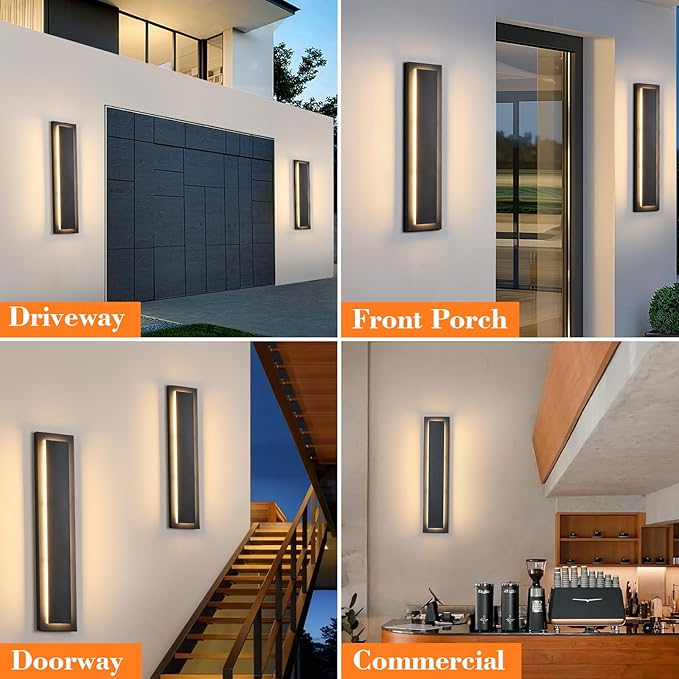 tewei 23.6 Inch Modern Outdoor Wall Sconce Long Black LED Exterior Lighting Fixtures Modern Large Outdoor Front Porch Lights Outside Wall Mount Lights for House Warm White 3000K 2 Pack