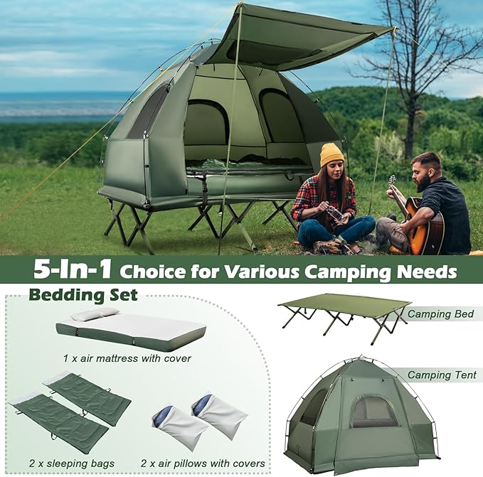 Tangkula 5-in-1 Tent Cot Combo With Awning Air Mattress Sleeping Bag Pillow Elevated Single Tent With Carrying Bag for Outdoor Camping Hiking Picnic Travel