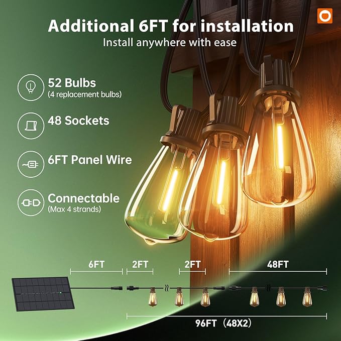 addlon 102FT(96+6) Solar String Lights Outdoor with Remote 48 LED Dimmable Waterproof Patio Hanging Lights (2FT Bulb Spacing) Long-Lasting Solar Light for Outside Yard Backyard Garden Camping