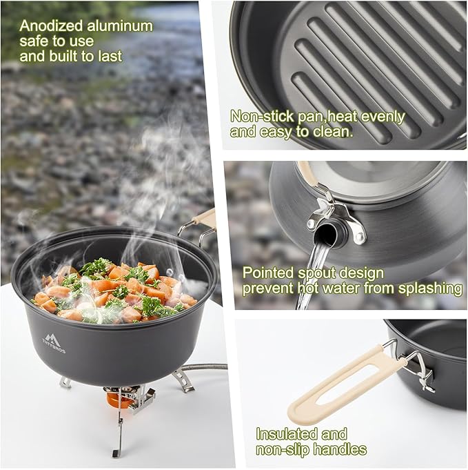 17pcs Camping Cookware Kit 0.45Gal Pot 7inches Pan0.30Gal Kettle Set with 2 Set Stainless Steel Cups Plates Forks Knives Spoons for Hiking