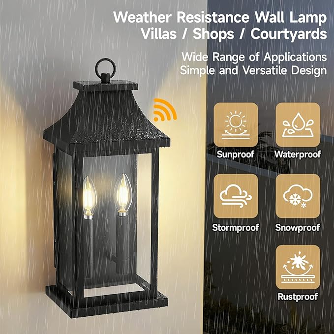 Large Outdoor Wall Lights Dusk to Dawn Outdoor Lighting Exterior Lighting Fixtures Wall Mount Wall Sconce Light Outdoor Lanterns for Porch Garage Black 18 2-Light 1-Pack