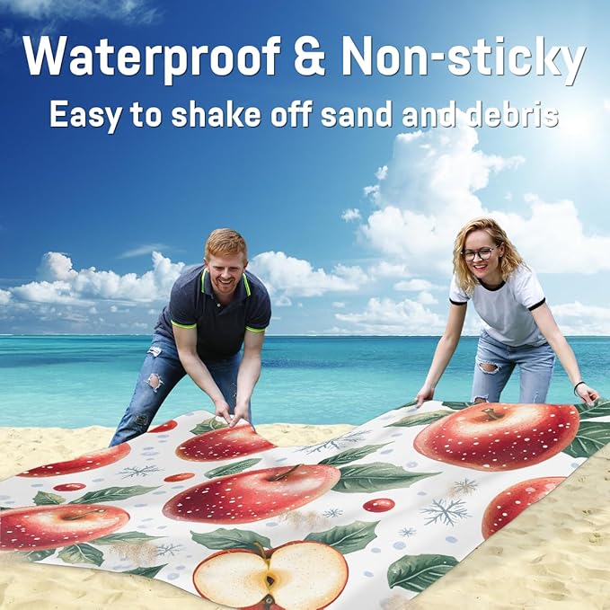 Waterproof Sandproof Beach Blanket 59''×68'' Holiday Apple Pattern Polyester Outdoor Picnic Blanket with 4 Stakes &amp Storage Bag for BeachCampingVacation