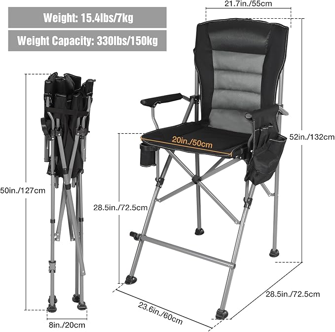 Extra Tall Folding Chairs for Adults 330lbs Portable Bar Height Foldable Director Chairs for Camping Outside Comfortable with Makeup Pocket High Back and Footrest Black