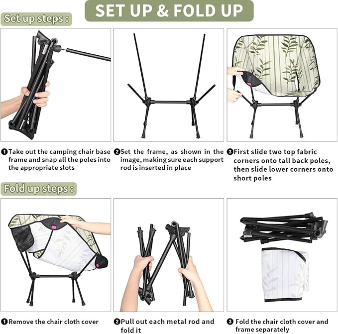 Honeybaby Folding Camping Chair Leaves Stripes Camping Chairs Lightweight Portable Chair Outdoor Foldable Chairs for Camping Travel Picnic Beach Hiking