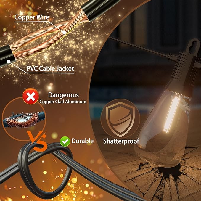 LED Outdoor String Lights 50FT Waterproof Patio Lights with 27 (25+2 Spare ST38 Shatterproof Replaceable Bulbs) Connectable Dimmable Outside Hanging Light for Porch Garden Deck Bistro Backyard