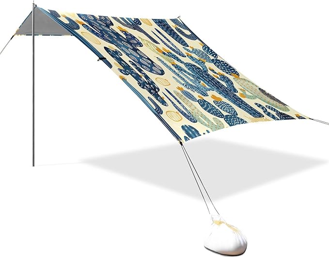 Cactus Pattern Beige Beach Tent Sun Shelter 9.2' x 10.5' Beach Canopy with 4 Sandbags 4 Stability Poles Sand Shovels - Tent Canopy for Beach Camping Fishing Picnics