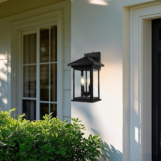 Dusk to Dawn Outdoor Wall Lantern Exterior Wall Sconce Fixture with Tempered Clear Seeded Glass Matte Black Finish for Outdoors (Large Wall Mount)