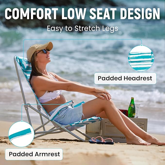 #WEJOY High Back Beach Chair for Adults Heavy Duty Beach Chairs for Adults with Headrest Lightweight Portable Chair for Camping Sand Lawn Support to 300lbs Green