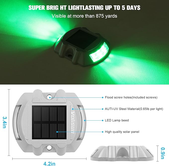 VOLISUN Christmas Solar Deck Lights Driveway Dock Lights 4-Pack Led IP68 Waterproof Outdoor Warning Step Light for Driveway Sidewalk Garden Pathway Yard(Green Auto On/Off
