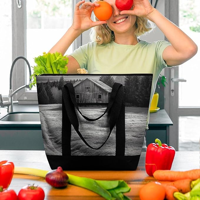 Insulated Shopping BagLarge Reusable Cooler Bags Barn Black And White Printed Foldable Shopping BagTravel Waterproof Shoulder Bag