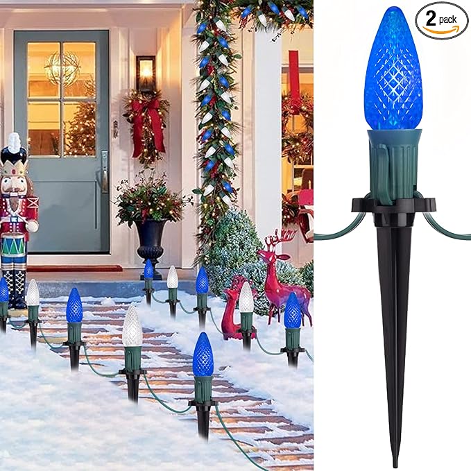 Christmas Pathway Lights Outdoor 2 Pack 26 Ft 20 LED C9 Strawberry String Lights with Stakes Connectable Waterproof Outside Christmas Lights Marker for Path Lane Patio Decor Blue &amp Pure White