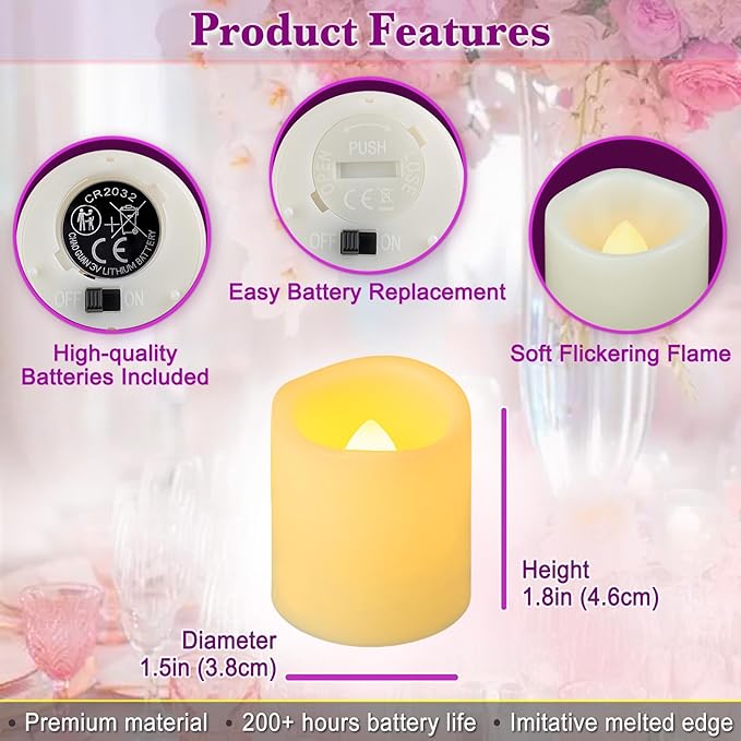 72 Pack 1.5 x 1.8 Tea Lights Candles Battery Operated Flameless Flickering LED Tealights Votive Electric Outdoor Flicker Small Fake Candles Bulk for Wedding Halloween Christmas Decorations