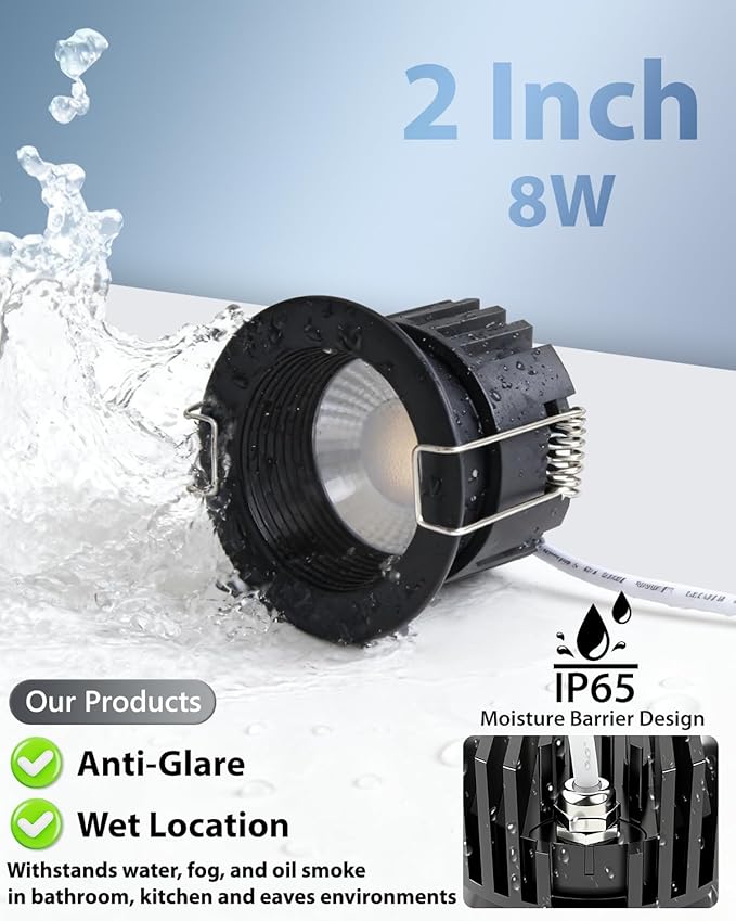 Adetu 2 Inch 5CCT Black Anti-Glare LED Downlight with Junction Box 2700K/3000K/4000K/5000K Selectable CRI90+ 8W COB 840LM IP65 Waterproof Dimmable-ETL and Energy Star Certified (Black12 Pack)