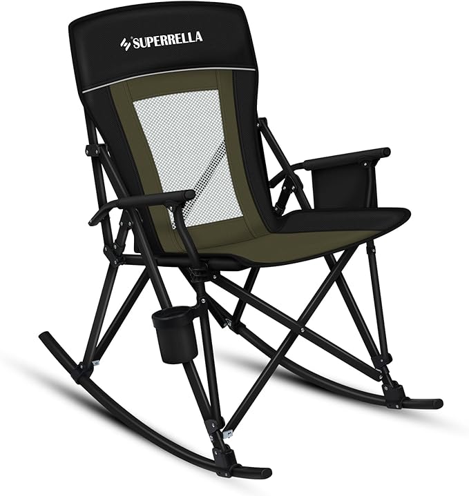 Folding Rocking Camping Chair Portable Outdoor Rocker with High Mesh Back Handrail Bars Carry Bag Cup Holder Bottle Opener Supports 400 lbs Black&ampGreen