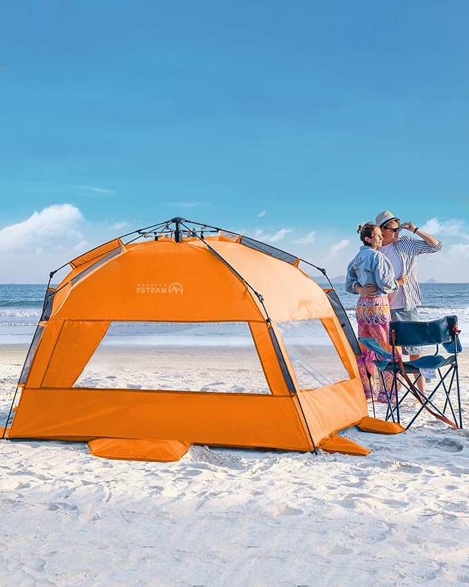 OutdoorMaster Beach Tent Sun Shelter for 3-4 Person Pop Up Beach Tent Easy Setup with Sandbags Portable Sun Shade Canopy with Carrying Bag for Beach &amp Outdoor UPF50+ UV Protection Family Size