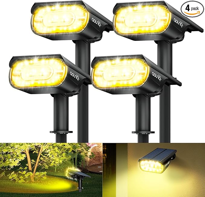4 Pack Solar Spot Lights Outdoor 1000 Lumens 64 LEDs IP67 Waterproof Landscape Lighting with 4 Modes - 2-in-1 Solar Spotlight &amp Pathway Light for Garden Yard Patio Decor Warm White