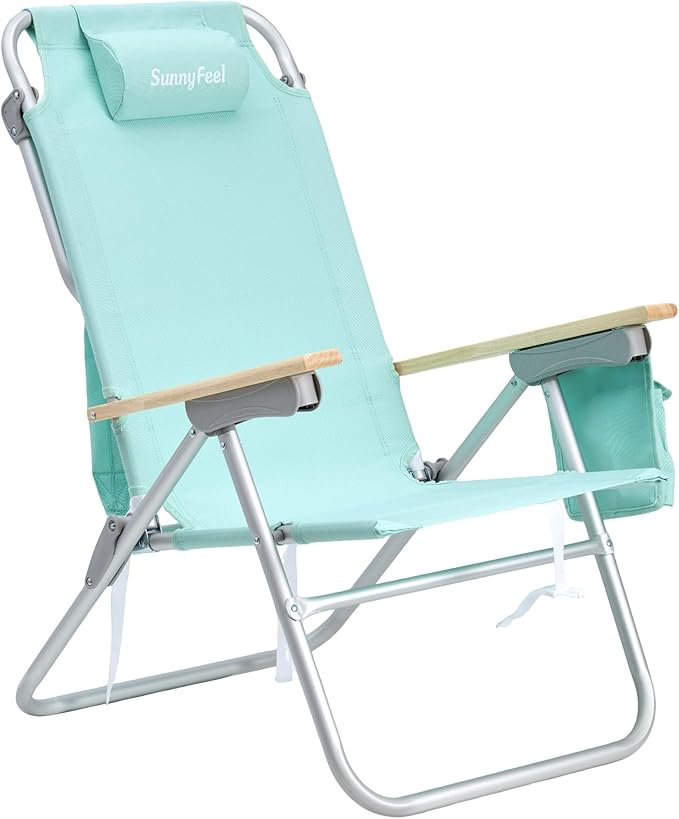 SUNNYFEEL Tall Beach Chair Reclining Beach Chair with 5-Position Portable Camping Chair for Adults with Wood Armrest Lightweight Camping Chair 300 lbs Heavy Duty Green