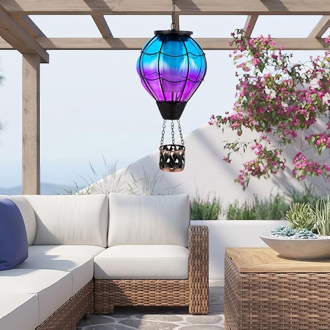 Solar Hot Air Balloon Lantern with Flame Flickering LED Glass Hot Air Balloon Solar Lanterns Outdoor Waterproof Hanging Lights for PatioPorchYardGarden Decor Mother Day Gifts for Women