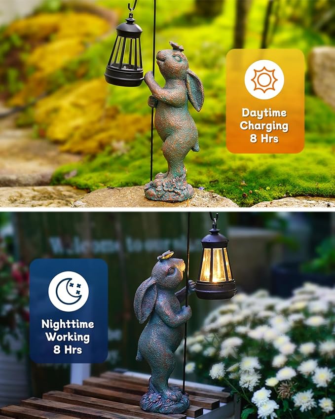 Garden Statues Outdoor Bunny with Solar Lantern – Rabbit Yard Decor Waterproof Resin Figurine Pathway Light for Lawn &amp Patio