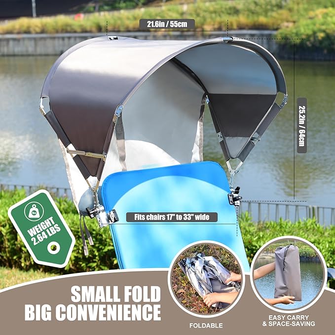 Universal Chair Umbrella Canopy UPF 50+ Chair Sun Shade Attachment with Adjustable Clamp Fits Most Brands’ Beach Camping Lawn Wheelchair Tanning Zero Gravity Lounge Fishing Chairs Patented