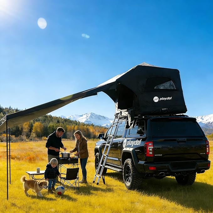 PlayDo Inflatable Rooftop Tent Easy Setup Camping Tent for The Roof of Sedans Pickup Blow Up Roof Top Tents SUV Truck Van Glamping Tent with Porch Strip Light for 2-3 Person