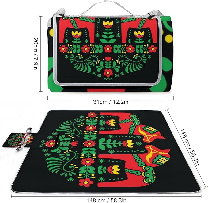 Swedish Dala Horse Folk Seamless Pattern Waterproof Outdoor Picnic Blanket Sandproof Beach Mat for Camping Hiking Grass Travelling