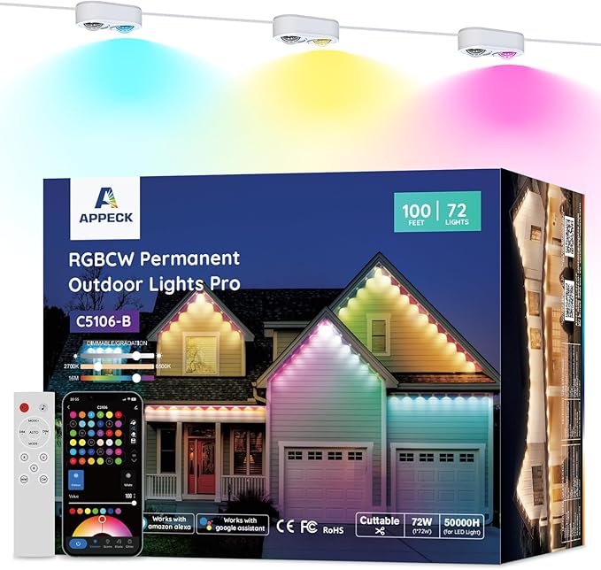 APPECK Permanent Outdoor Lights Pro 100ft 72W RGBCW Eaves Lights with 72 LED Lights 80lm Cuttable 111 Scene Modes IP67 Waterproof Lighting for Christmas Decoration Compatible with Alexa White